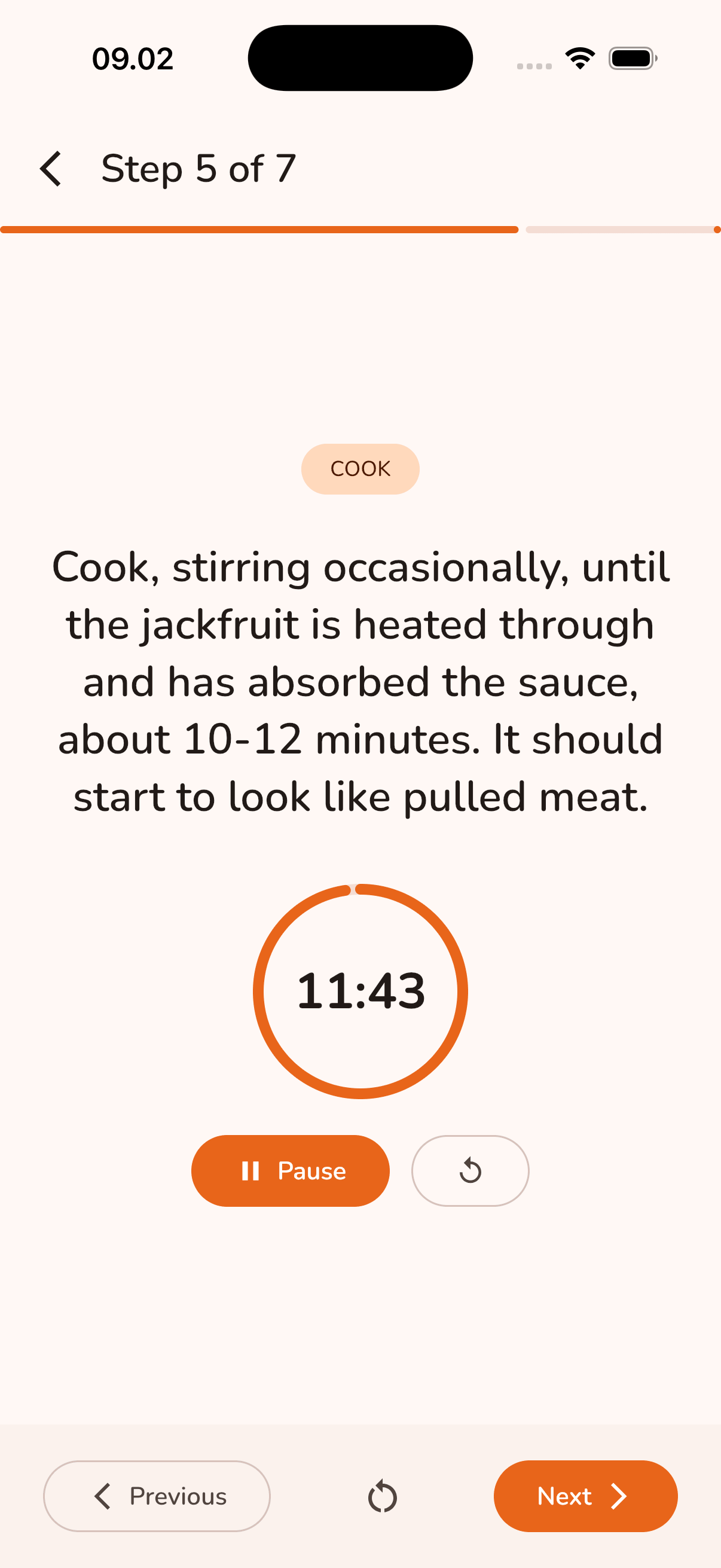 Meal7 guided cooking mode showing a step with a running timer