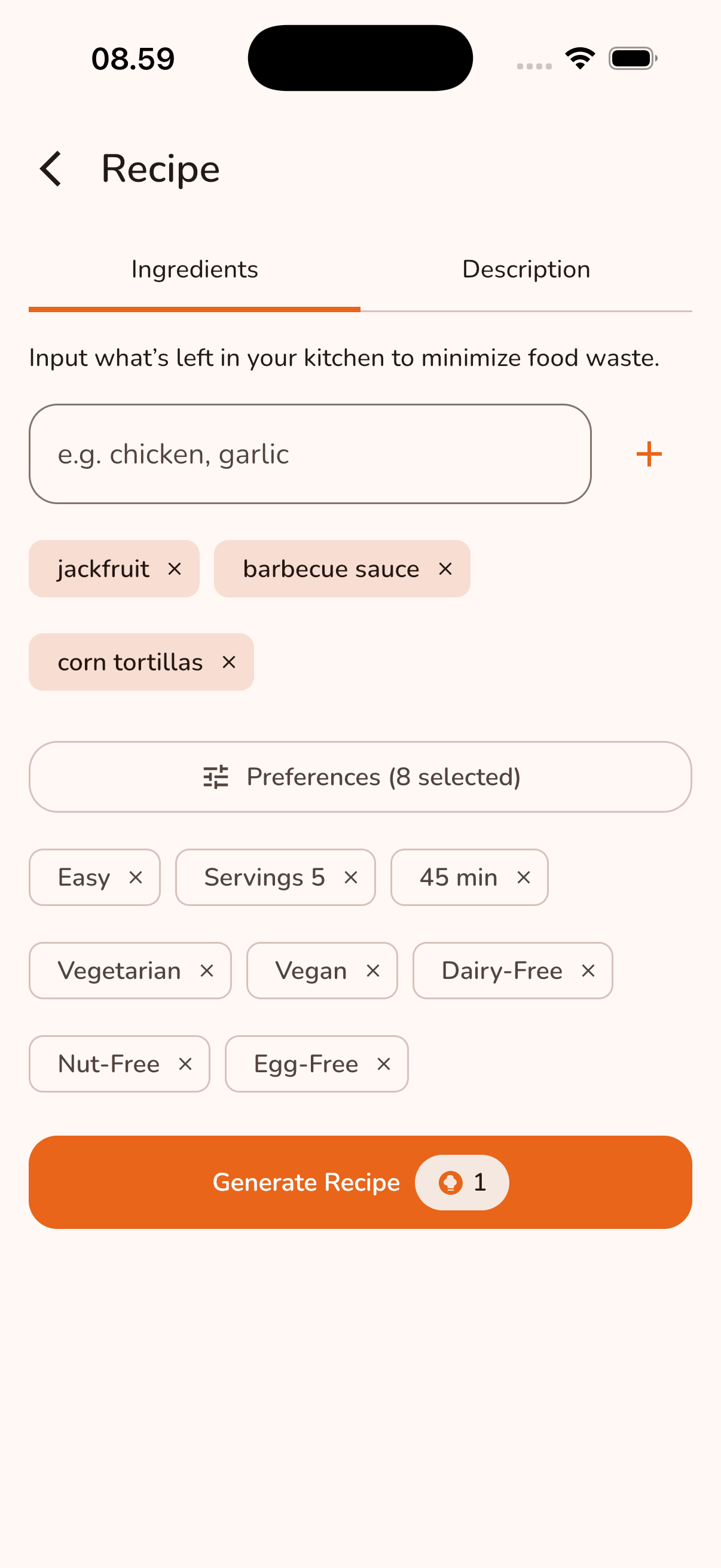 Meal7 recipe generator with ingredients and dietary filters entered