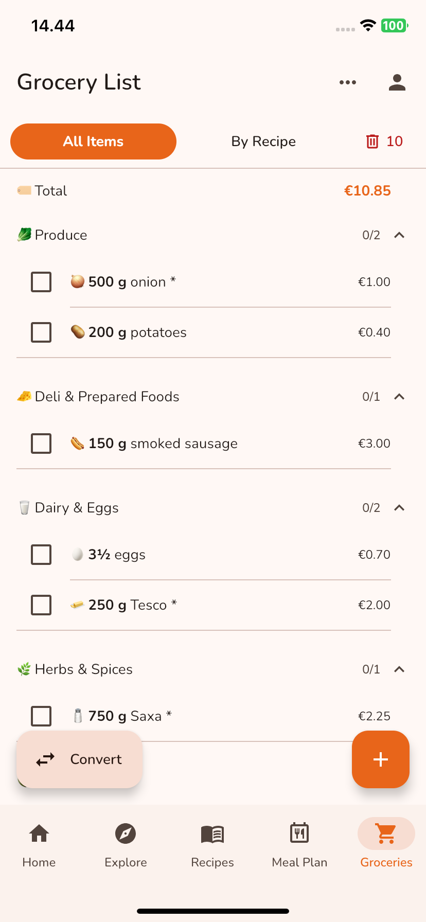 Meal7 grocery list grouped by category, showing the total cost