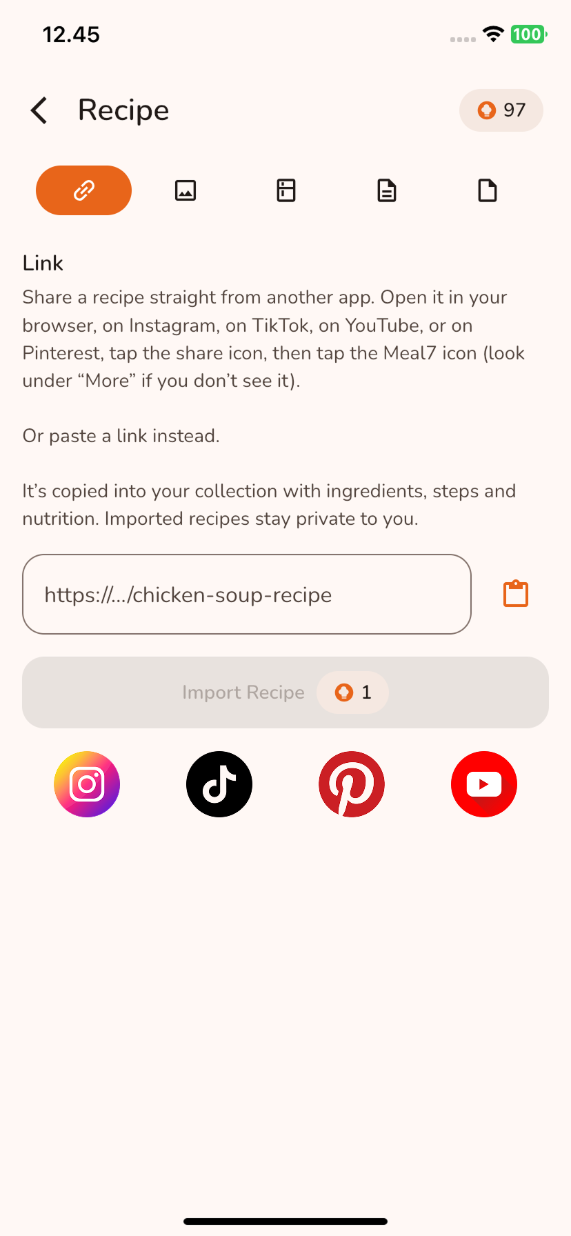Meal7 importing a recipe shared from social media