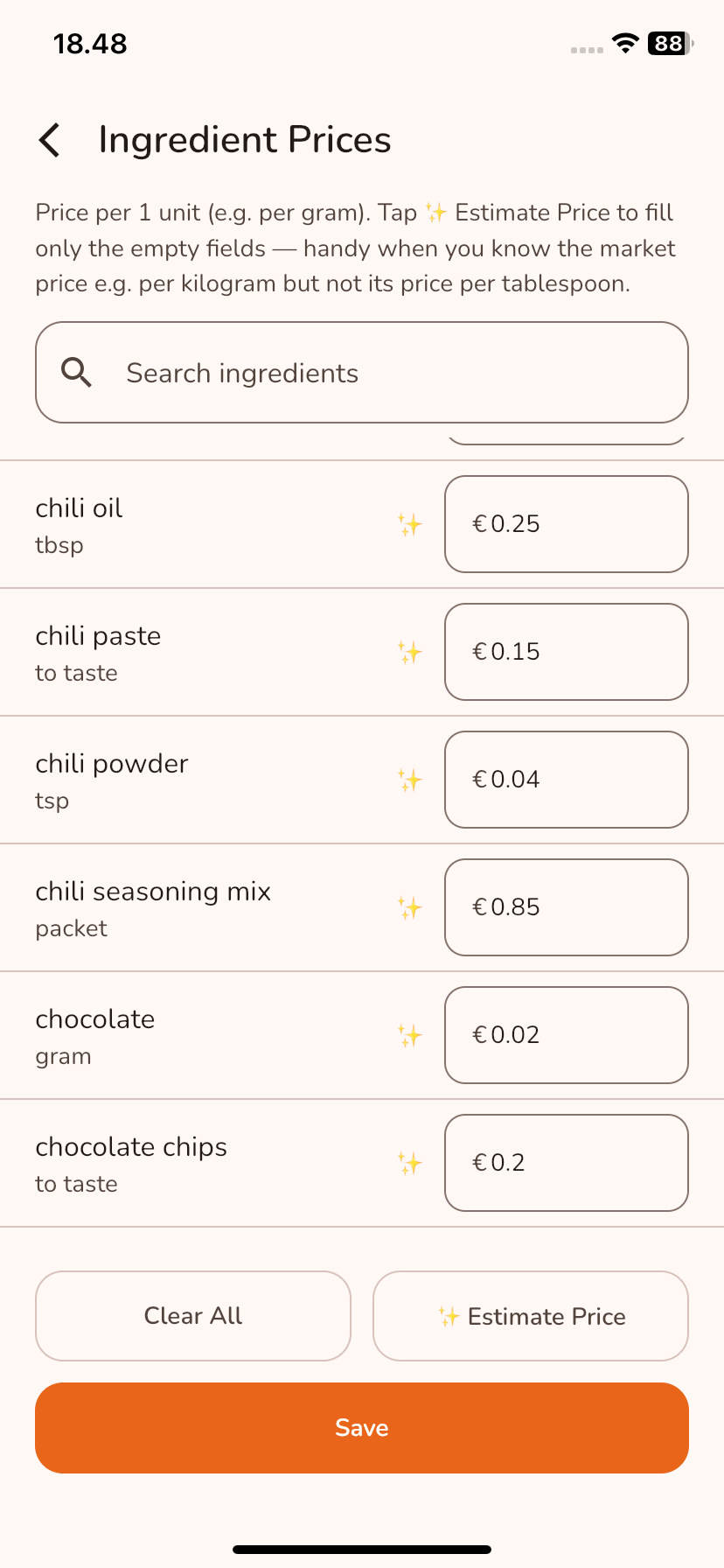 Meal7 ingredient price sheet showing prices per ingredient and an AI estimate button