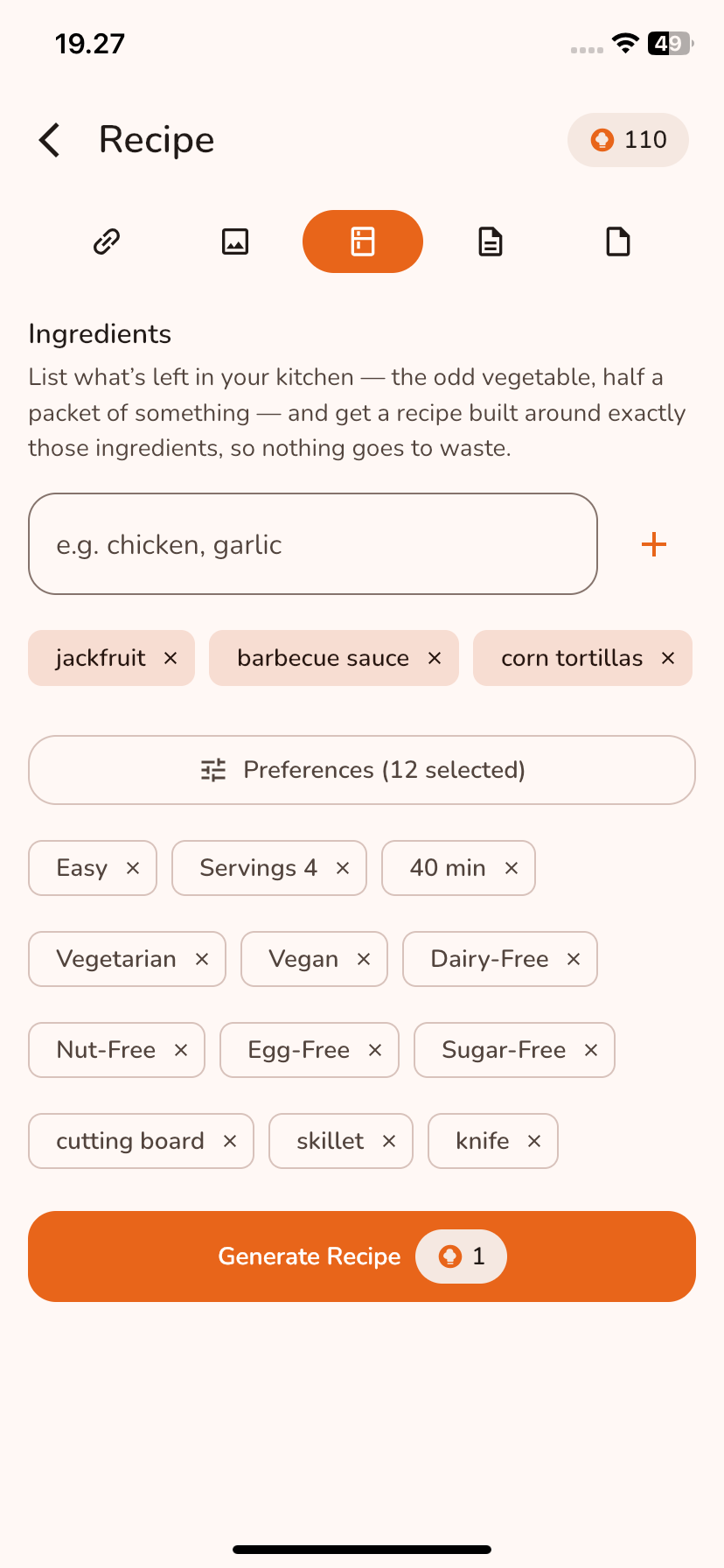 Meal7 recipe generator with ingredients and dietary filters entered