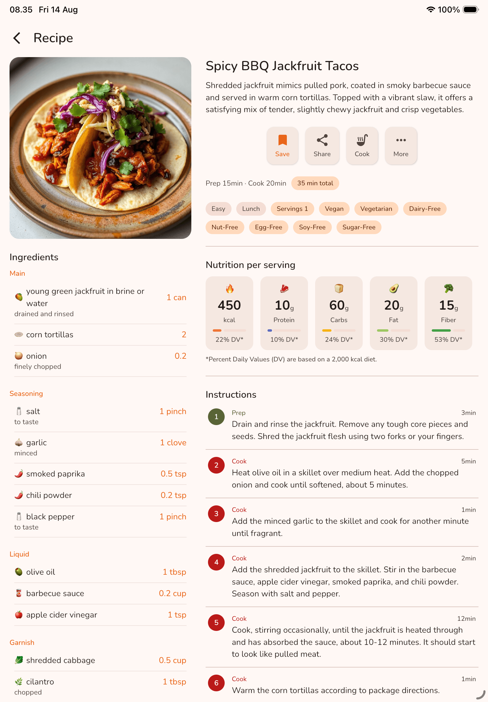 Meal7 recipe page on a tablet, with ingredients and instructions side by side